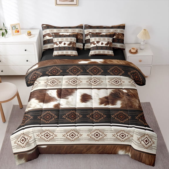 Homewish Bohemian Farm Cow Print 7-Piece Twin Bedding,Boho Tribal Themed Bedding Comforter Set,Brown Cream,Black Reversible
