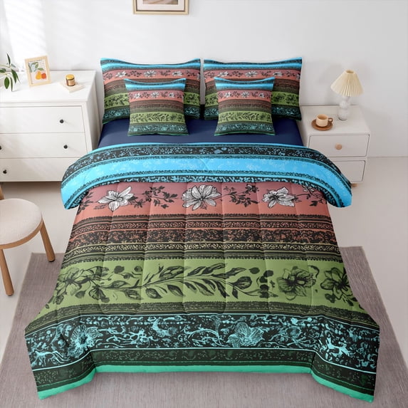 Homewish Bohemian Flowers 7 Pieces Full Size Bedding Sets,Geometric Stripes Full Size Bed in a Bag,Blue,Navy Blue Reversible