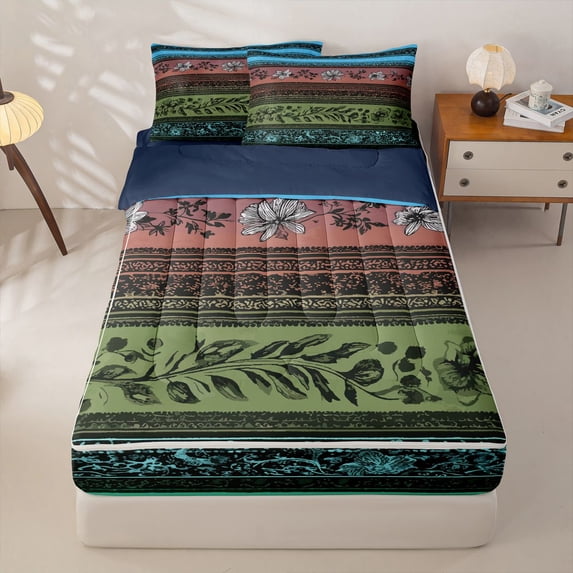 Homewish Bohemian Flowers Zipper Queen Comforter Set with Fitted Sheet and 2 Pillowcases,Geometric Stripes Zipper Bedding Set,Blue,Navy Blue Reversible,4pcs