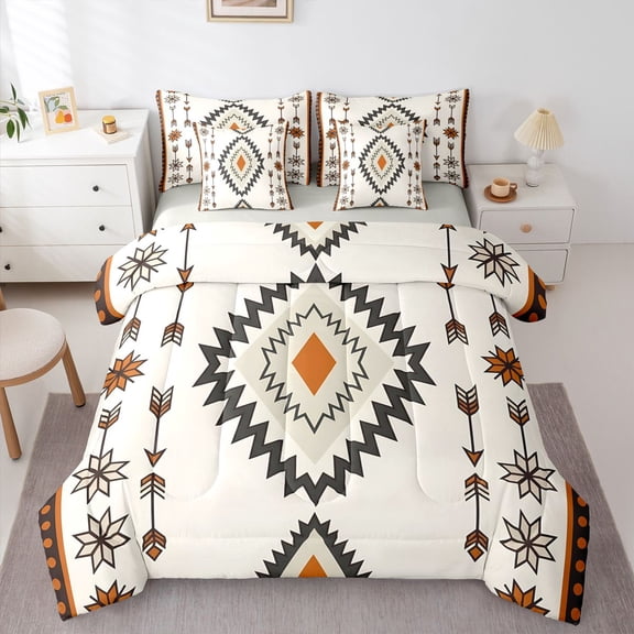 Homewish Bohemian Geometric Rhombus 7-Piece Twin Bedding,Boho Exotic Style Bedding Comforter Set,Beige,Light Gray Reversible