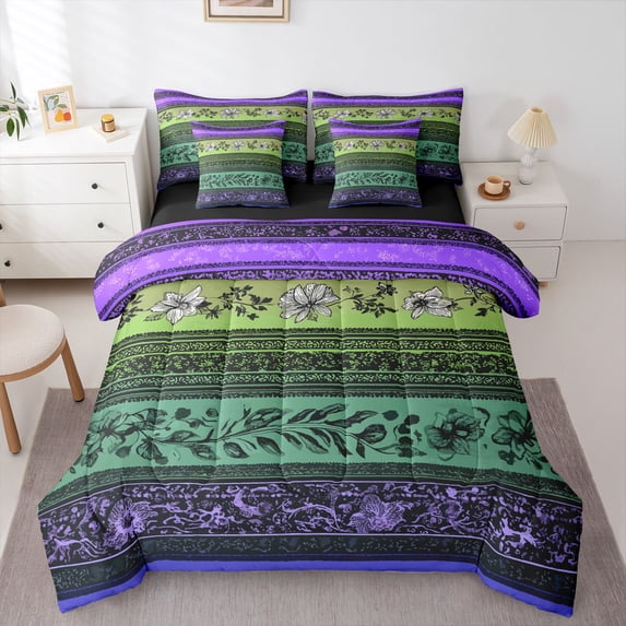 Homewish Bohemian Geometric Stripes 7-Piece Twin Bedding,Retro Floral Bedding Comforter Set,Purple,Black Reversible