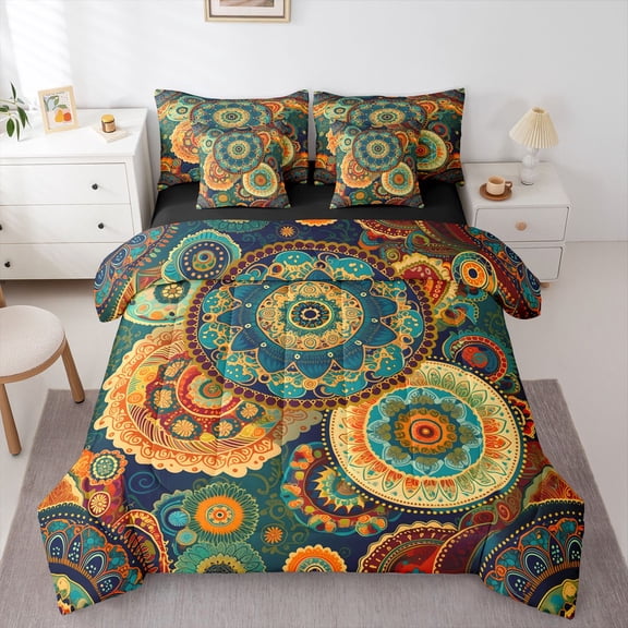 Homewish Bohemian Gold Mandala 7-Piece Twin Bedding,Retro Exotic Paisley Bedding Comforter Set,Black Reversible