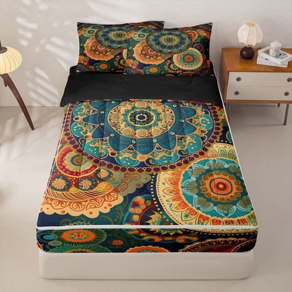 Homewish Bohemian Gold Mandala Zipper Queen Comforter Set with Fitted Sheet and 2 Pillowcases,Retro Exotic Paisley Zipper Bedding Set,Black Reversible,4pcs