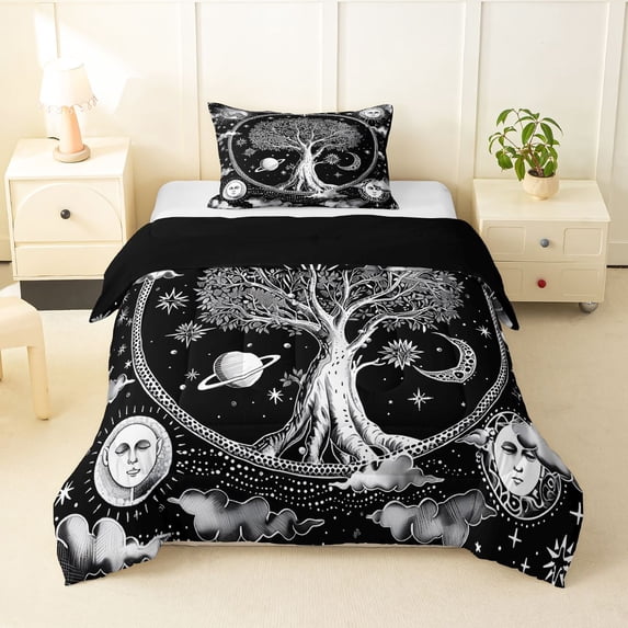 Homewish Bohemian Life Tree Twin Comforter Sets,Mystical Goth Moons Bedding Set,White Black,Black Reversible,2-Piece,1 Comforter and 1 Pillowcase