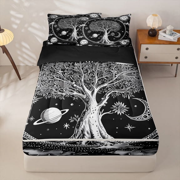 Homewish Bohemian Life Tree Zipper Twin Comforter Sets with Fitted Sheet and 2 Pillowcases,Mystical Goth Moons Zipper Bedding Set,White Black,Black Reversible,4pcs