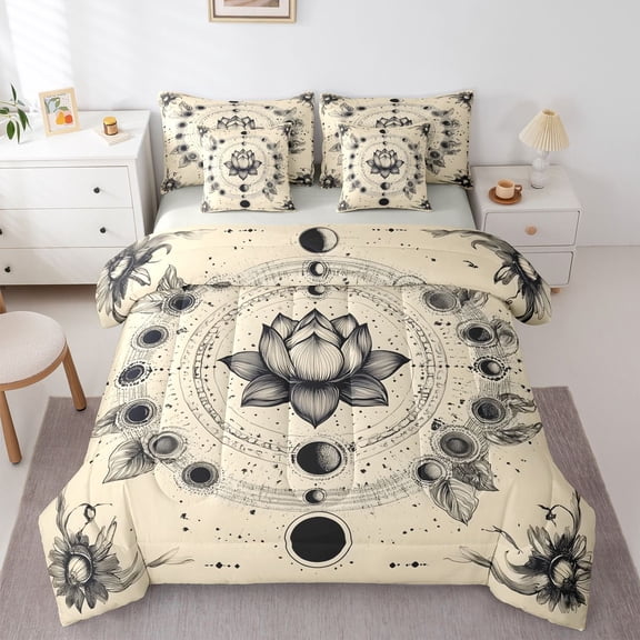 Homewish Bohemian Lotus Mandala 7pcs Queen Bedding,Moon Pattern Bedding Comforter Set Queen,Black Cream,Light Gray Reversible