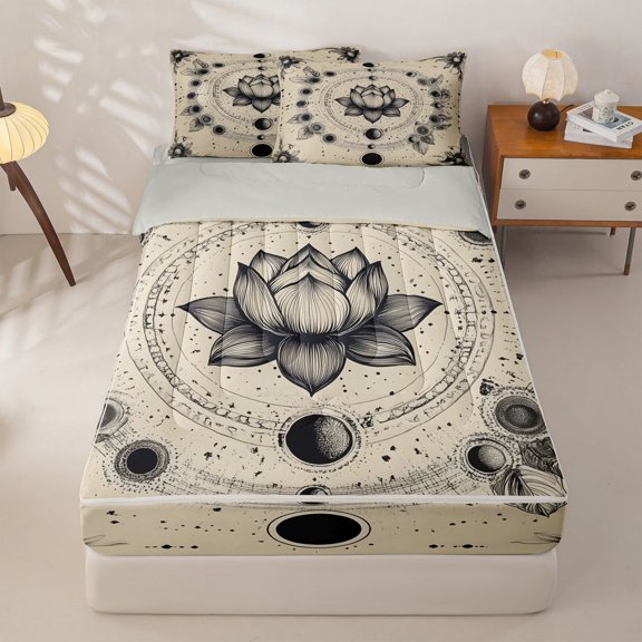 Homewish Bohemian Lotus Mandala Zipper Twin Comforter Sets with Fitted Sheet and 2 Pillowcases,Moon Pattern Zipper Bedding Set,Black Cream,Light Gray Reversible,4pcs