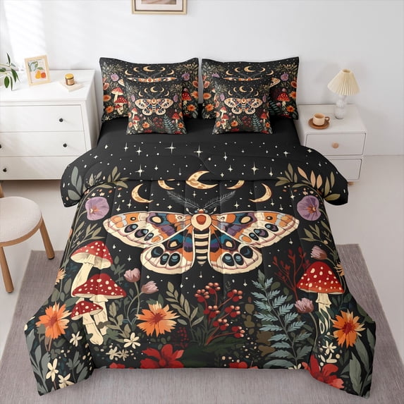 Homewish Bohemian Moth 7-Piece Twin Bedding,Moon Floral Mushrooms Bedding Comforter Set,Black Orange,Black Reversible