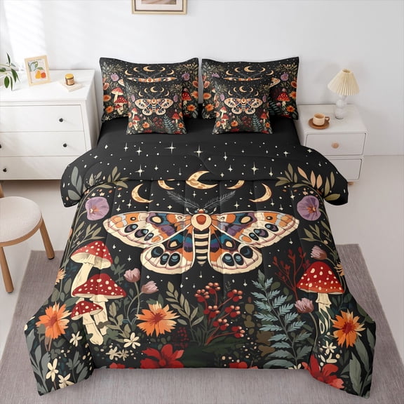 Homewish Bohemian Moth 7-Piece Twin Bedding,Moon Floral Mushrooms Bedding Comforter Set,Black Orange,Black Reversible