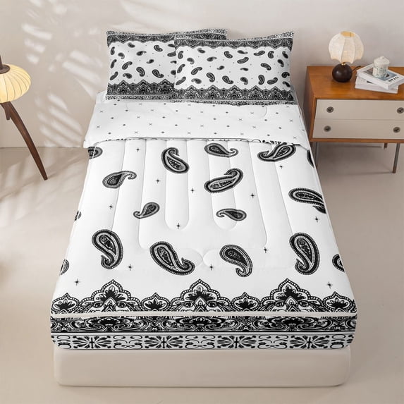 Homewish Bohemian Paisley Zipper Twin Comforter Sets with Fitted Sheet and 2 Pillowcases,White Black Damask Zipper Bedding Set,Reversible,4pcs