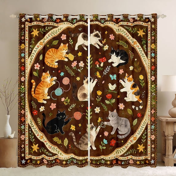 Homewish Bohemian Pet Cats Blackout Curtains,Cute Floral Curtains Pack of 2 (42x84 Each),Brown Cream