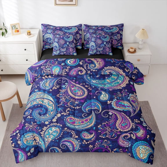 Homewish Bohemian Purple Paisley 7-Piece Twin Bedding,Watercolor Gradient Bedding Comforter Set,Black Reversible