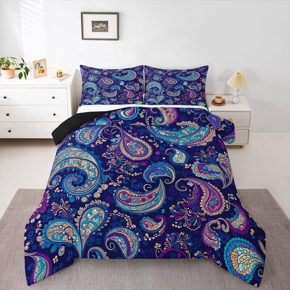 Homewish Bohemian Purple Paisley Queen Comforter Set,Watercolor Gradient Comforter Sets Queen,Black Reversible,3 Pieces,1 Comforter and 2 Pillowcases