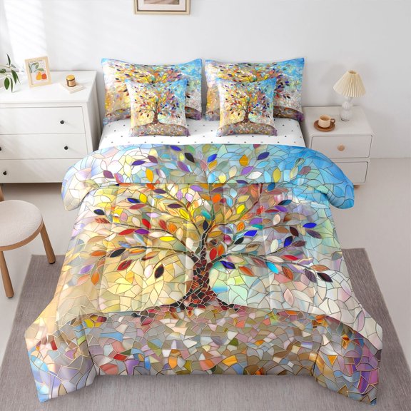 Homewish Bohemian Rainbow Life Tree 7pcs Queen Bedding,Autumn Leaves Bedding Comforter Set Queen,Reversible