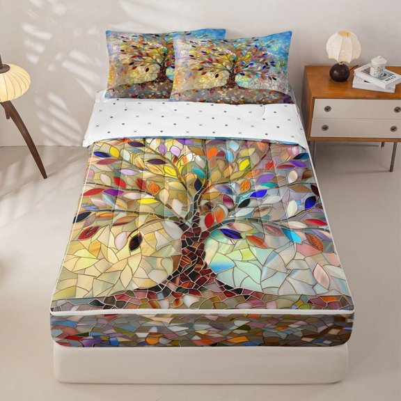 Homewish Bohemian Rainbow Life Tree Zipper Twin Comforter Sets with Fitted Sheet and 2 Pillowcases,Autumn Leaves Zipper Bedding Set,Reversible,4pcs