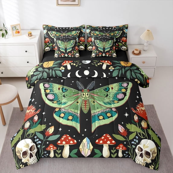 Homewish Bohemian Skull Moths 7-Piece King Bedding,Botanical Mushrooms King Bed in a Bag,Black Green,Black Reversible