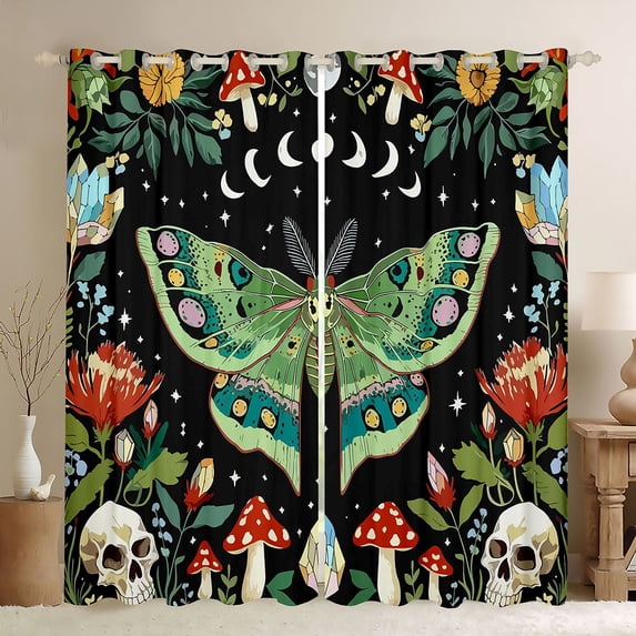 Homewish Bohemian Skull Moths Kitchen Curtains,Botanical Mushrooms Black Out Curtains Pack of 2 (42x63 Each),Black Green