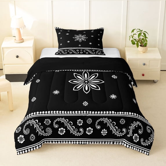Homewish Bohemian Snowflake Twin Comforter Sets,Romantic Paisley Bedding Set,Black,Black Reversible,2pcs,1 Comforter and 1 Pillowcase