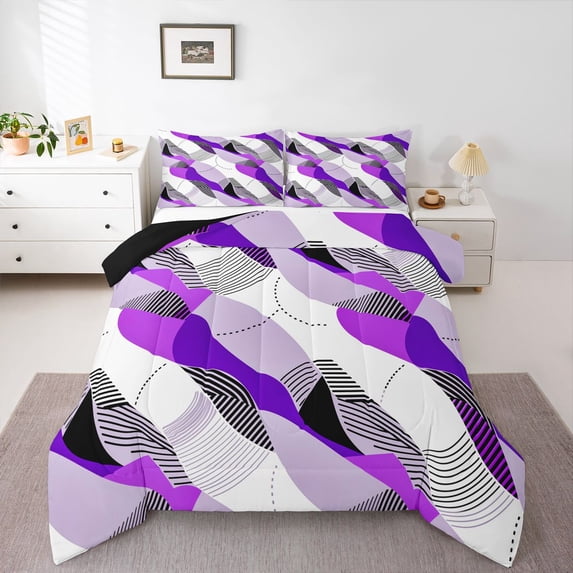 Homewish Bohemian Spiral Stripes Full Size Comforter Sets,Minimalism Art Bedding Comforter Set,Purple,Black Reversible,3 Pieces,1 Comforter and 2 Pillowcases
