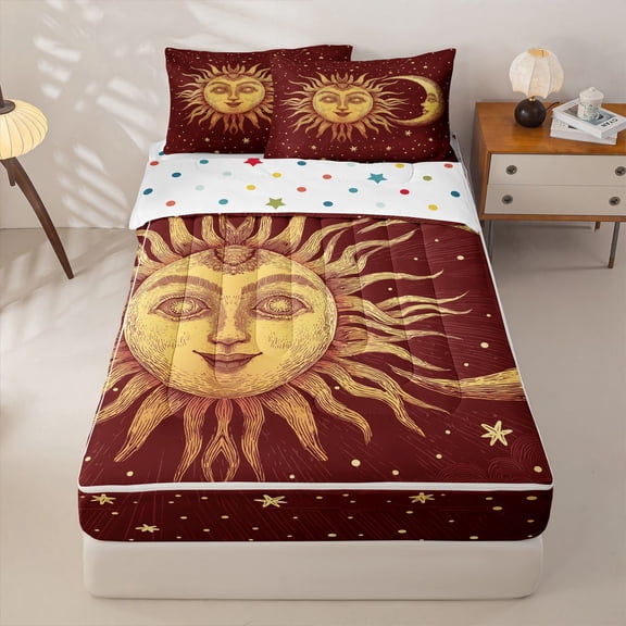 Homewish Bohemian Sun Moon Zipper Twin Comforter Sets with Fitted Sheet and 2 Pillowcases,Night Starry Sky Zipper Bedding Set,Red,Polkadot Reversible,4pcs