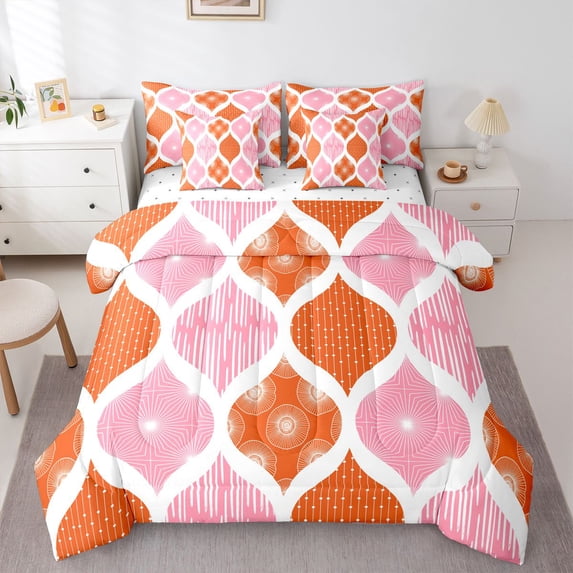 Homewish Bohemian Swirl Damask 7pcs Queen Bedding,Geometric Artwork Bedding Comforter Set Queen,Pink Orange,Reversible