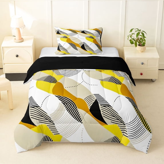 Homewish Bohemian Swirl Stripes Twin Comforter Sets,Modern Geometric Bedding Set,Yellow,Black Reversible,2pcs,1 Comforter and 1 Pillowcase
