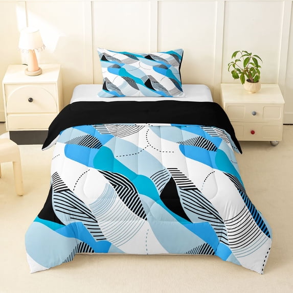 Homewish Bohemian Watercolor Ombre Twin Comforter Sets,Abstract Swirl Bedding Set,Blue,Black Reversible,2 Pieces,1 Comforter and 1 Pillowcase