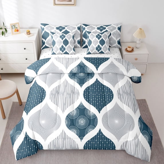 Homewish Boho Abstract Swirl 7pcs Queen Bedding,Minimalism Artwork Bedding Comforter Set Queen,Navy Teal,Reversible
