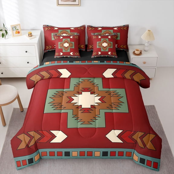 Homewish Boho Cross Rhombus 7pcs Queen Bedding,Vintage Bohemian Bedding Comforter Set Queen,Red Green,Black Reversible