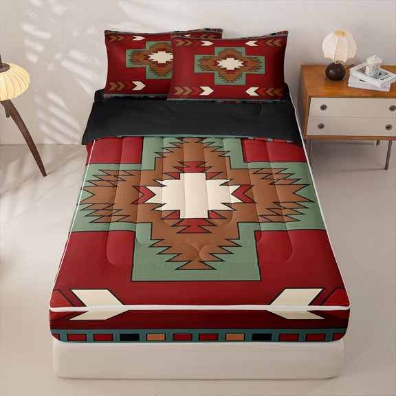 Homewish Boho Cross Rhombus Zipper Twin Comforter Sets with Fitted Sheet and 2 Pillowcases,Vintage Bohemian Zipper Bedding Set,Red Green,Black Reversible,4pcs