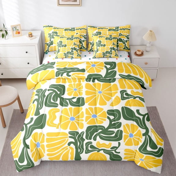 Homewish Boho Daisy Floral 7pcs Queen Bedding,Aesthetic Art Bedding Comforter Set Queen,Yellow Green,Polkadot Reversible