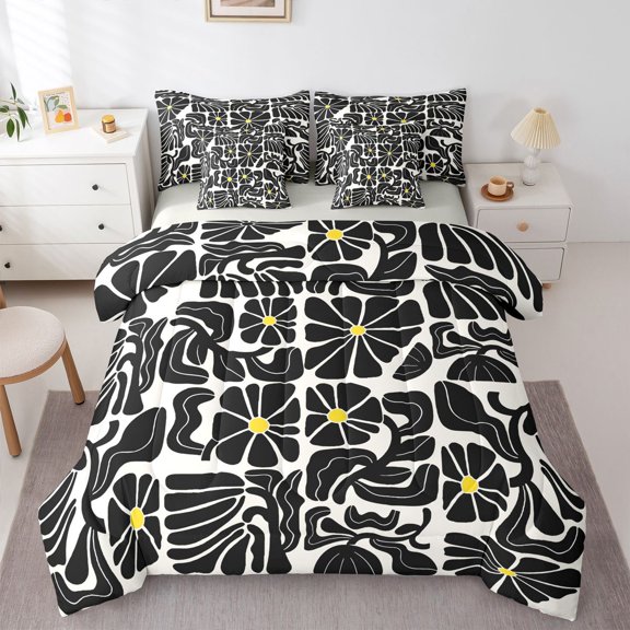 Homewish Boho Daisy Flower 7-Piece King Bedding,Contemporary Aesthetic King Bed in a Bag,White Black,Light Gray Reversible