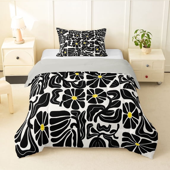 Homewish Boho Daisy Flower Twin Comforter Sets,Contemporary Aesthetic Bedding Set,White Black,Light Gray Reversible,2pcs,1 Comforter and 1 Pillowcase