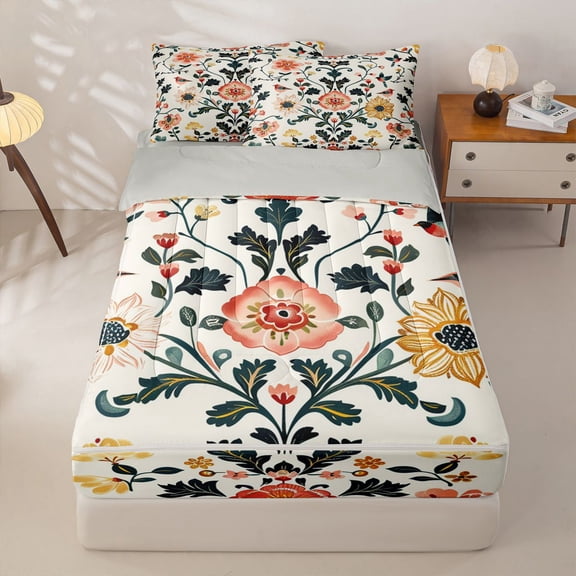Homewish Boho Damask Floral Zipper Queen Comforter Set with Fitted Sheet and 2 Pillowcases,Peony Sunflower Bird Zipper Bedding Set,Cream Green,Light Gray Reversible,4pcs