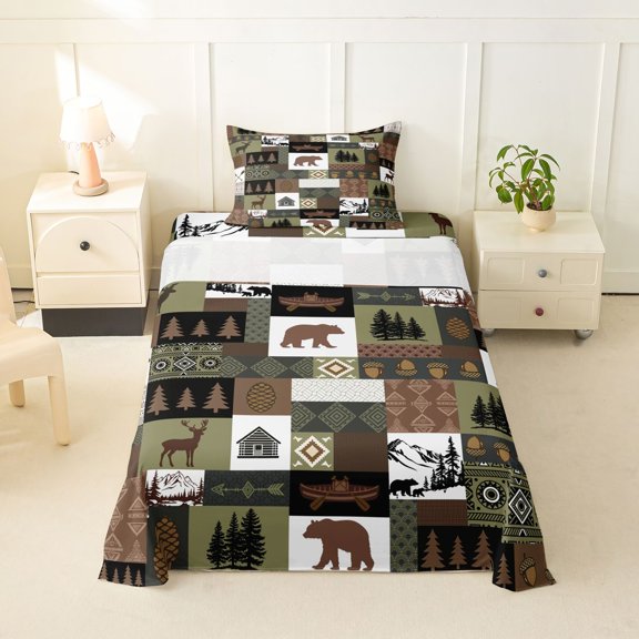 Homewish Boho Deer Bear Twin Sheets,Retro Wild Animals Bedding,Green Brown,3 Pieces,1 Fitted Sheet and 1 Pillowcase