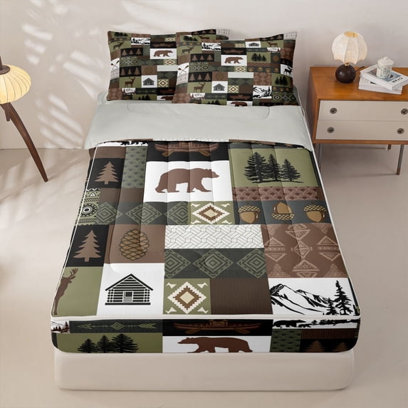 Homewish Boho Deer Bear Zipper Queen Comforter Set with Fitted Sheet and 2 Pillowcases,Retro Wild Animals Zipper Bedding Set,Green Brown,Light Gray Reversible,4pcs