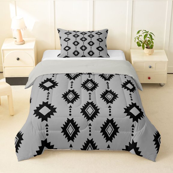 Homewish Boho Exotic Rhombus Twin Comforter Sets,Rustic Bohemian Pattern Bedding Set,Gray,Light Gray Reversible,2pcs,1 Comforter and 1 Pillowcase