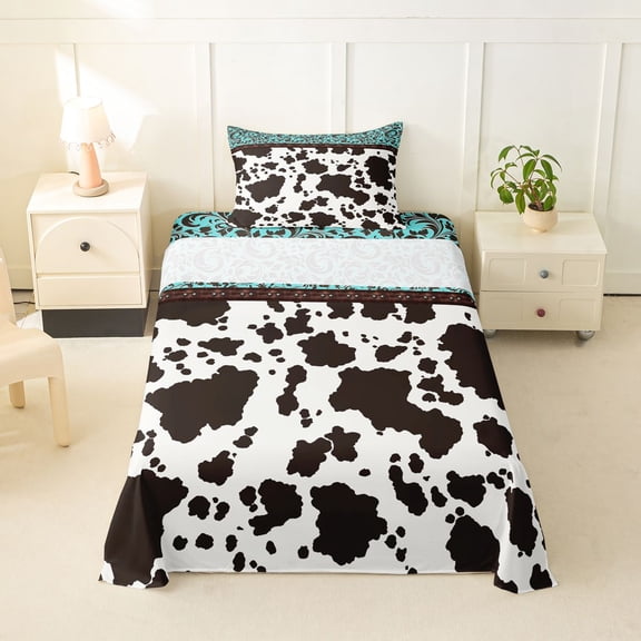 Homewish Boho Farm Cow Print Twin Sheets,Rustic Paisley Bedding,Teal,3pcs,1 Fitted Sheet and 1 Pillowcase