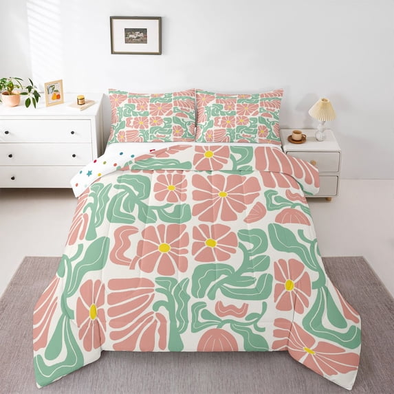 Homewish Boho Geometric Floral Queen Comforter Set,Orange Pink Daisy Flowers Comforter Sets Queen,Polkadot Reversible,3 Pieces,1 Comforter and 2 Pillowcases