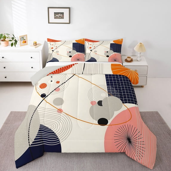 Homewish Boho Geometric Lines Full Size Comforter Sets,Minimalist Abstract Art Bedding Comforter Set,Cream,Light Gray Reversible,3pcs,1 Comforter and 2 Pillowcases