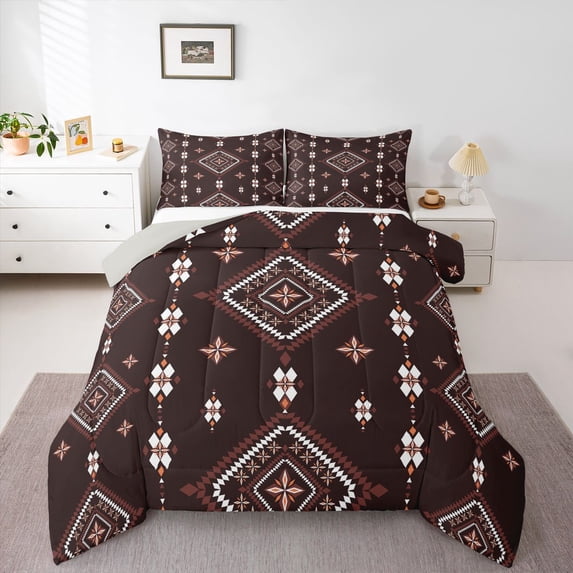Homewish Boho Geometric Rhombus Full Size Comforter Sets,Bohemian Exotic Style Bedding Comforter Set,Chocolate Brown,Light Gray Reversible,3pcs,1 Comforter and 2 Pillowcases