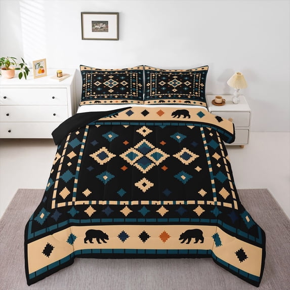 Homewish Boho Geometric Rhombus Full Size Comforter Sets,Rustic Lodge Bedding Comforter Set,Teal Cream,Black Reversible,3 Pieces,1 Comforter and 2 Pillowcases