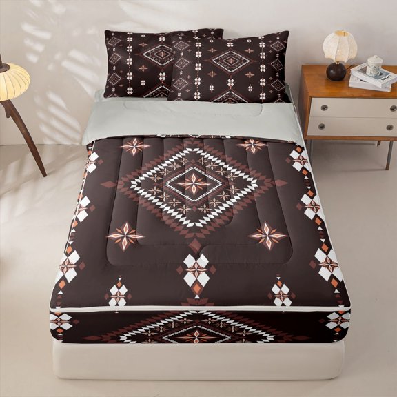 Homewish Boho Geometric Rhombus Zipper Twin Comforter Sets with Fitted Sheet and 2 Pillowcases,Bohemian Exotic Style Zipper Bedding Set,Chocolate Brown,Light Gray Reversible,4pcs