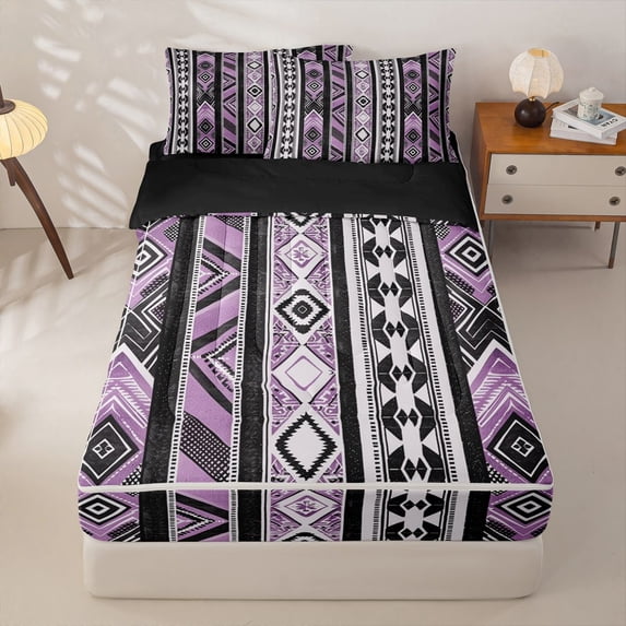 Homewish Boho Geometric Rhombus Zipper Twin Comforter Sets with Fitted Sheet and 2 Pillowcases,Purple Black Stripes Zipper Bedding Set,Purple,Black Reversible,4pcs