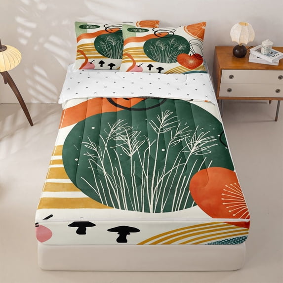 Homewish Boho Geometric Stripes Zipper Full Size Comforter Sets with Fitted Sheet and 2 Pillowcases,Aesthetic Artwork Zipper Bedding Set,Orange,Reversible,4pcs
