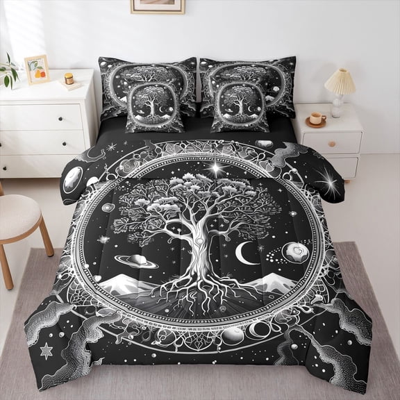 Homewish Boho Life Tree 7-Piece Twin Bedding,Dark Starry Night Bedding Comforter Set,Black White,Black Reversible