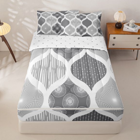 Homewish Boho Minimalist Striped Zipper Twin Comforter Sets with Fitted Sheet and 2 Pillowcases,Modern Abstract Zipper Bedding Set,Gray,Reversible,4pcs