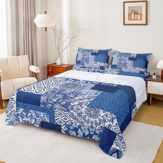 Homewish Boho Patchwork Plaid Bed Sheets,Abstract Geometric Full Size Sheets,Blue,4 Pieces,1 Flat Sheet, 1 Fitted Sheet and 2 Pillowcases