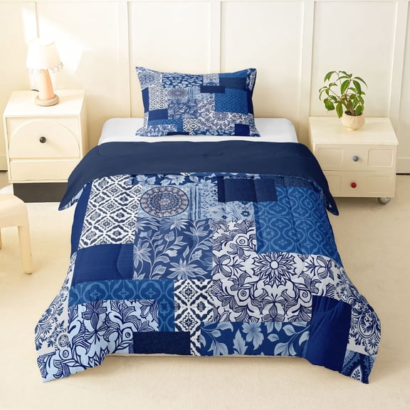 Homewish Boho Patchwork Plaid Twin Comforter Sets,Abstract Geometric Bedding Set,Blue,Navy Blue Reversible,2-Piece,1 Comforter and 1 Pillowcase
