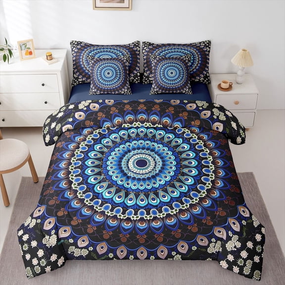 Homewish Boho Peacock Mandala 7pcs Queen Bedding,Retro Floral Bedding Comforter Set Queen,Navy White,Navy Blue Reversible